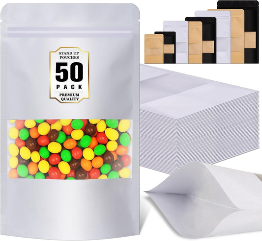 50 Pack Smell Proof Bag, Stand Up Zip Lock Bags, Cookie Bags with Seal, Resealable Pouches, Packing Bags for Cheese, Herbs, Coffee, Spice, Nuts, Soap, Bath Salts, Party Favors, Tea
