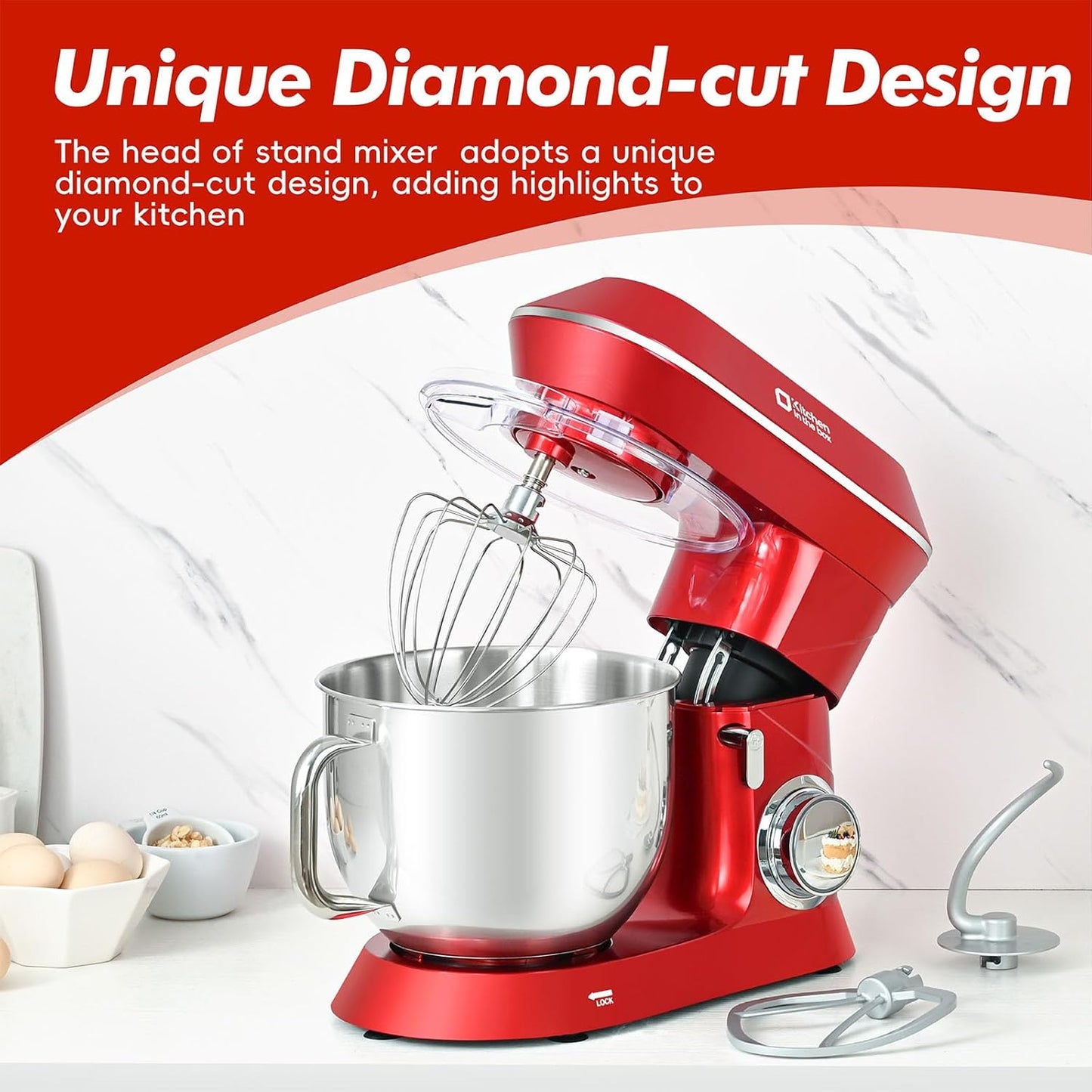 Kitchen in the box Stand Mixer, 900W 7.5QT Kitchen Electric Mixer, 6-Speed Tilt-Head Food Mixer for Baking with Dough Hook,Wire Whip,Beater (Red)