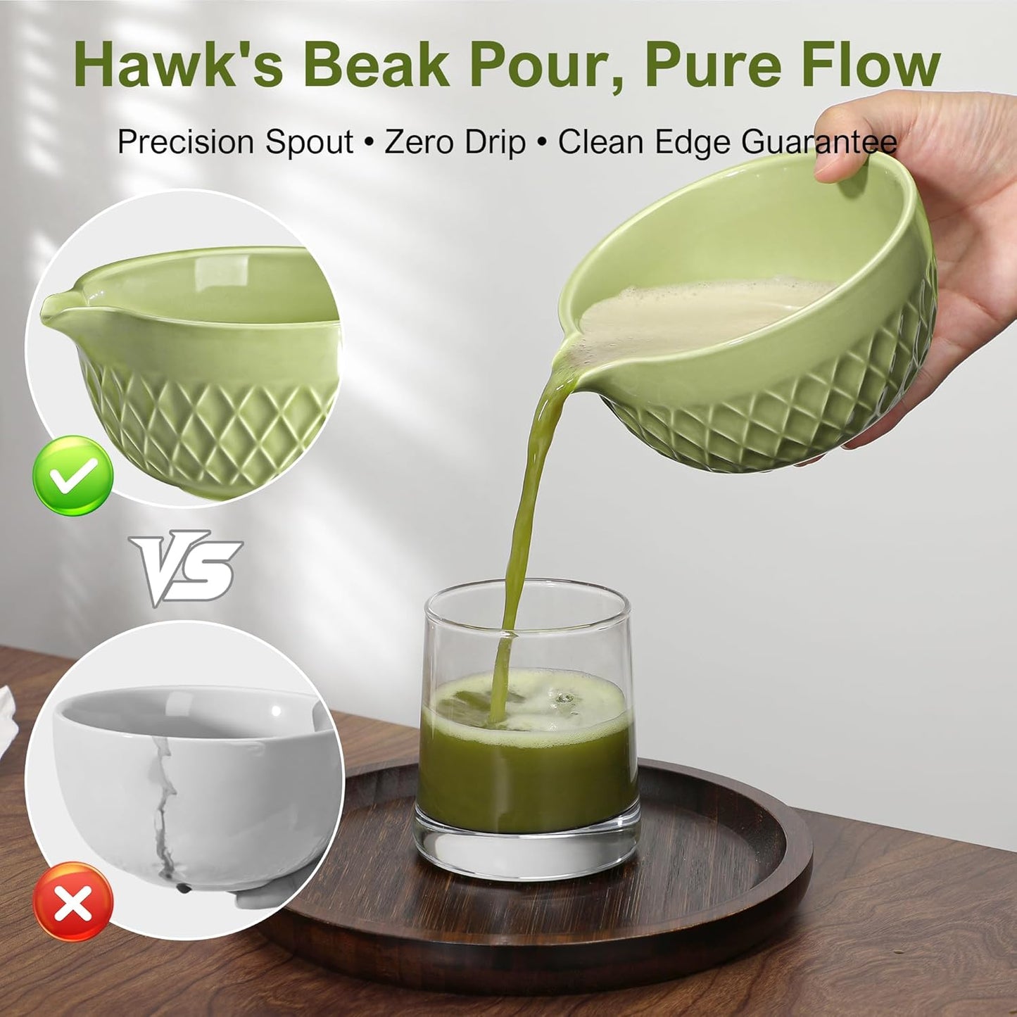 Matcha Whisk Set, 7 Pcs Matcha Kit, Ceramic Matcha Set Includes Matcha Bowl with Spout, Matcha Whisk and Holder, Bamboo Scoop, Scoop Rest, Sifter and Tea Towel (Matcha Green)