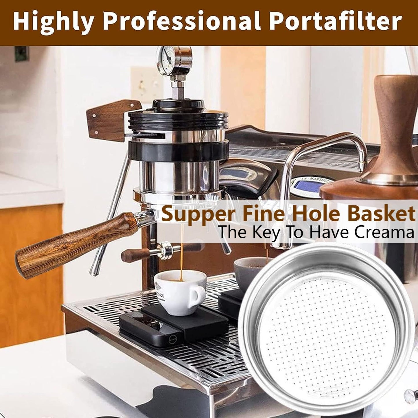 54mm Coffee Bottomless Portafilter, Compatible with Breville Barista Bes 870/878/880/876/840/810/500/450 Replacement Parts Bottomless Portafilter(Reddish brown)