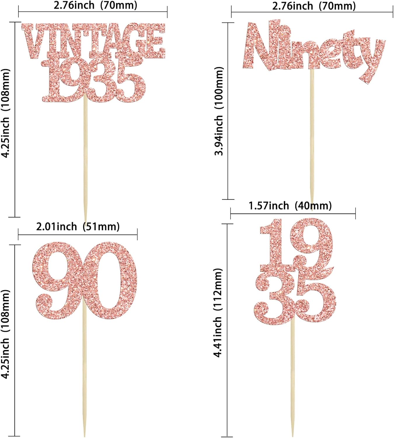 Gyufise 24Pcs 90th Birthday Cupcake Toppers Glitter Cheers to 90 Fabulous Ninety Vintage 1935 Cupcake Picks 90th Birthday Wedding Anniversary Party Cake Decorations Supplies Rose Gold