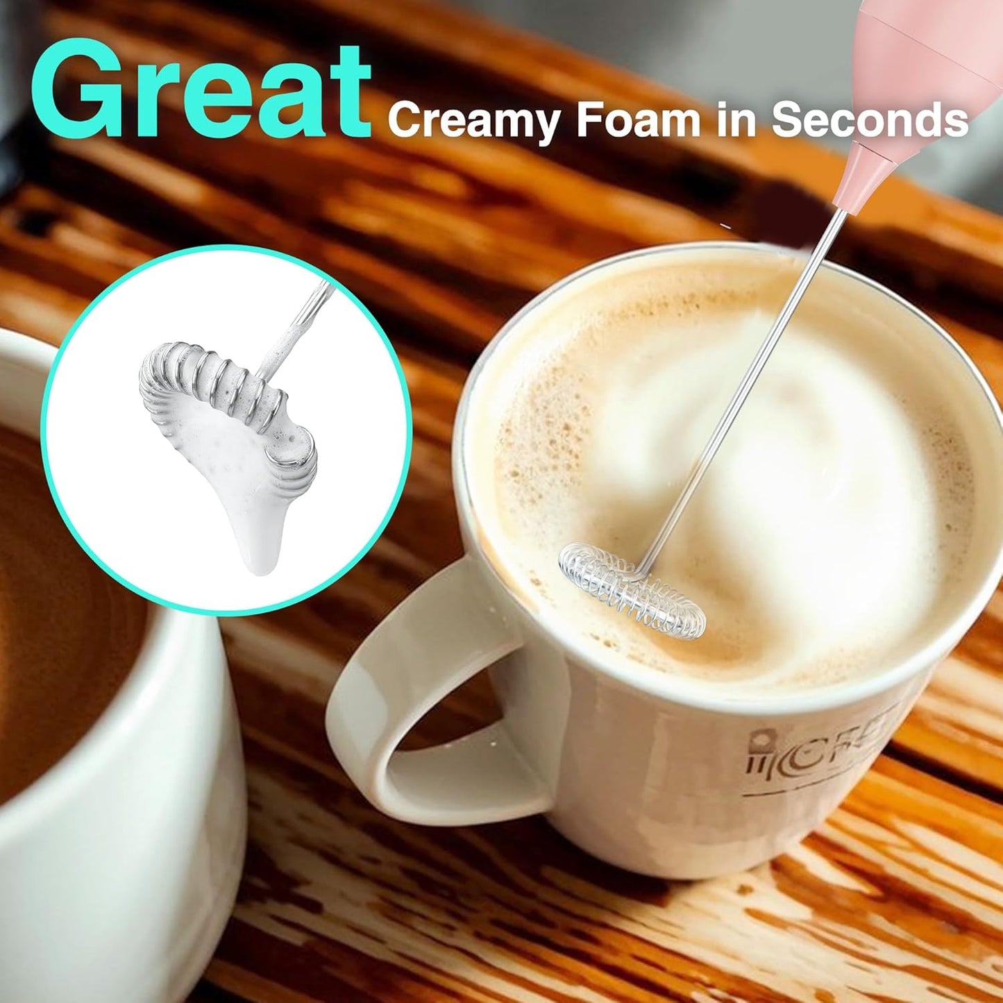 HAUSHOF Powerful Rechargeable Milk Frother Wand with Stand, Handheld Electric Foam Maker, Drink Mixer with Detachable Stainless Steel Whisk for Coffee Latte, Cappuccino, Matcha, Pink