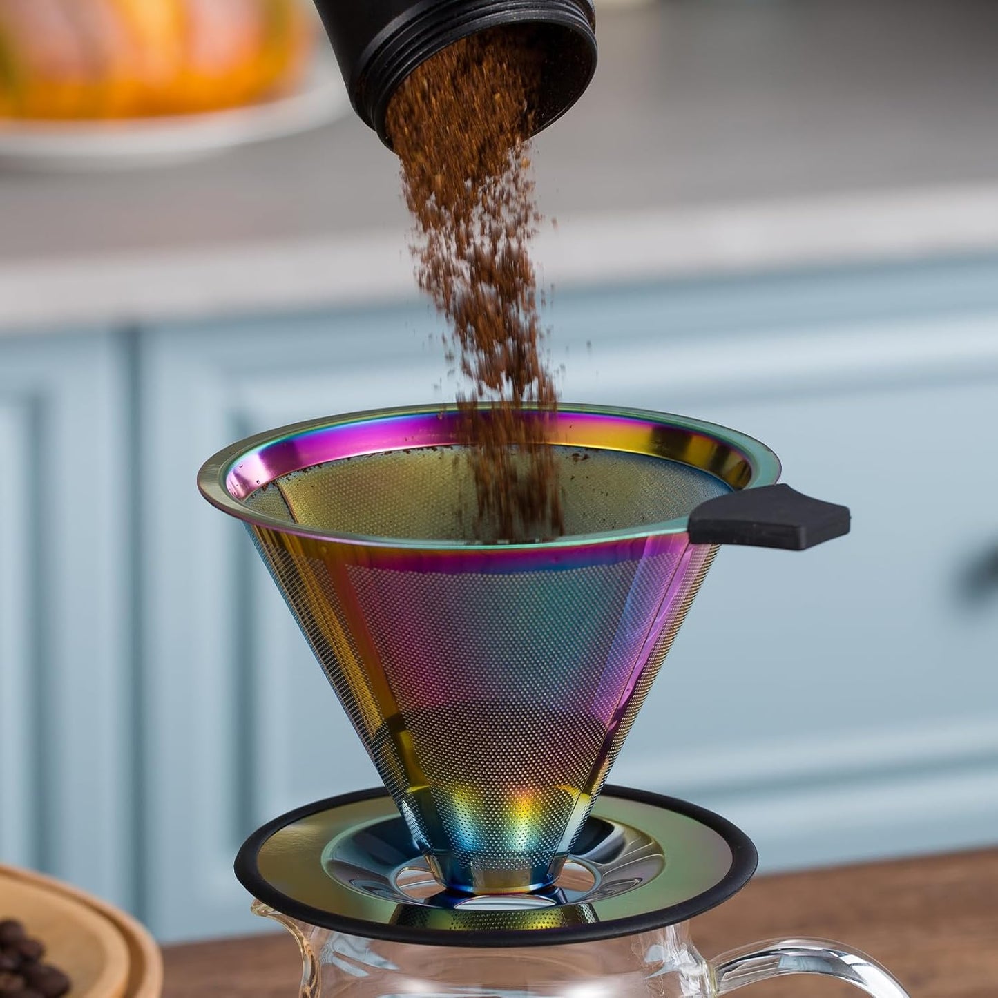 Pour Over Coffee Dripper INSINTAR Reusable Stainless Steel Coffee Filter Paperless Metal Coffee Strainer Single Cup Coffee Maker 1-4 Cup for Camping,Travel,Office and Home(Titanium Iridescent)