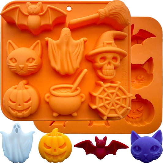 2 Pack Halloween Chocolate Candy Silicone Mold Halloween Molds Ghost Pumpkin Bat Skull Witch Hat Gummy Fondant Baking Mold for DIY Ice Cube Sugar Halloween Party Cupcake Cake Decorating