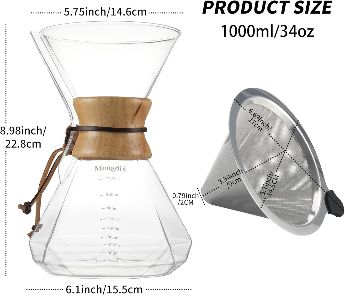 Mongdio 34oz/1000ml Pour Over Coffee Maker with Reusable Stainless Steel Filter and Wooden Collar Holder, 6-8 Cups Borosilicate Glass Coffee Maker for Camping Home, Clear