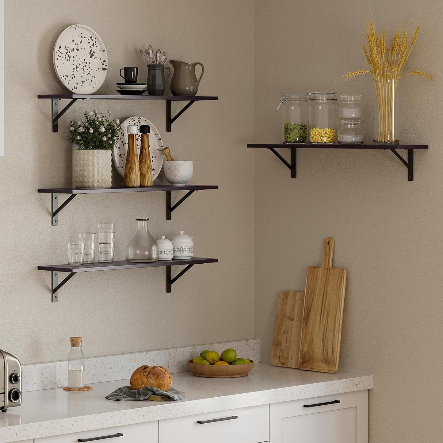 DINZI LVJ Long Wall Shelves, 23.6 Inch Wall Mounted Shelves Set of 2, Easy-to-Install, Storage Ledges with Sturdy Metal Brackets for Living Room, Bathroom, Bedroom, Kitchen, Espresso