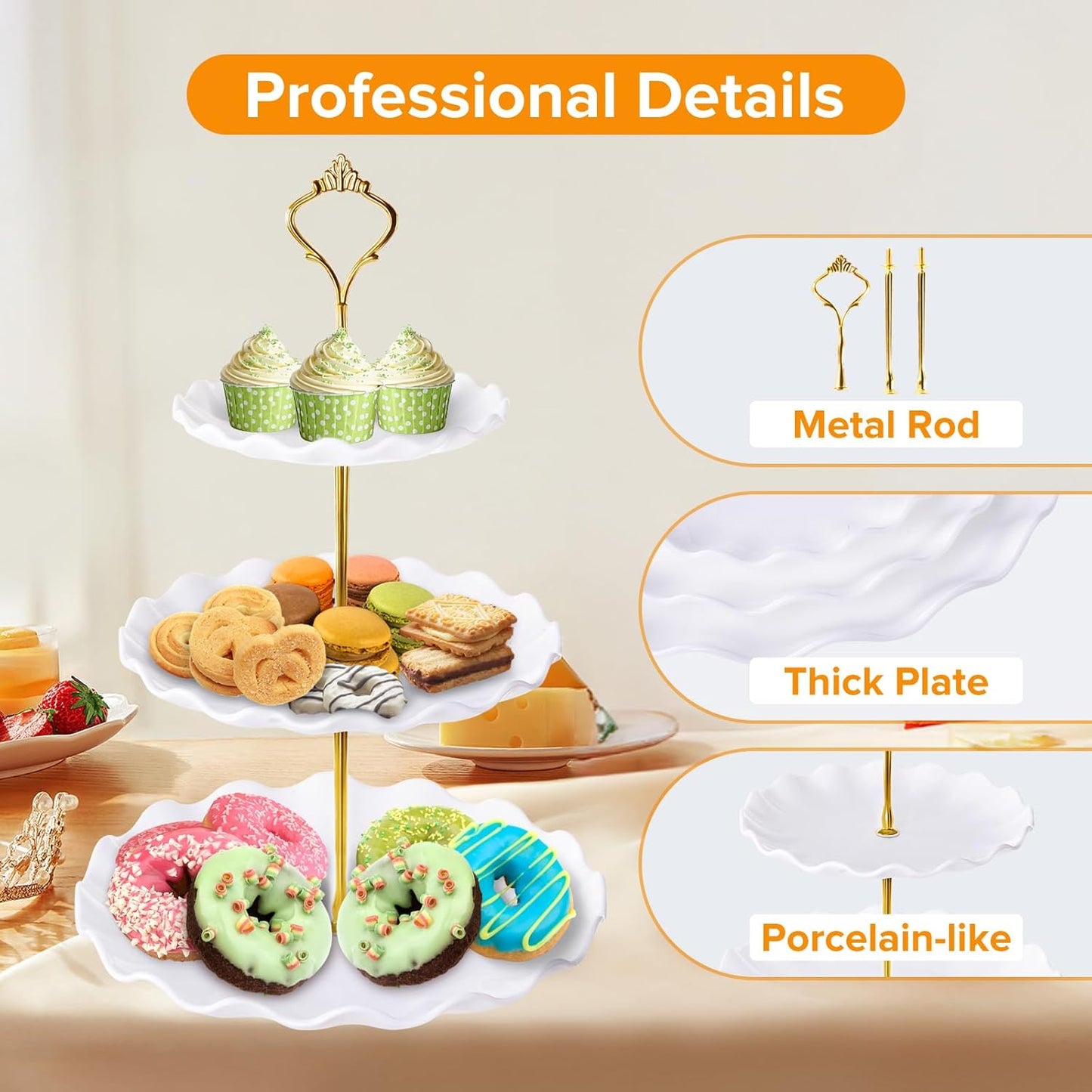 Hoedia 3 Tier Cupcake Stand Tower, Plastic White Cup Cake Holder for Dessert stands, Tiered Serving Tray for Tea Party, Birthday Party, Wedding Decor and Baby Shower(Round Wave)