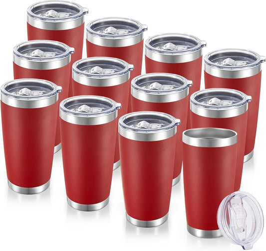 20 oz Tumblers Bulk Stainless Steel Tumbler with Lid Double Wall Vacuum Insulated Coffee Mug 20oz Powder Coated Cup for Hot and Cold Drinks, Red, 12 pack