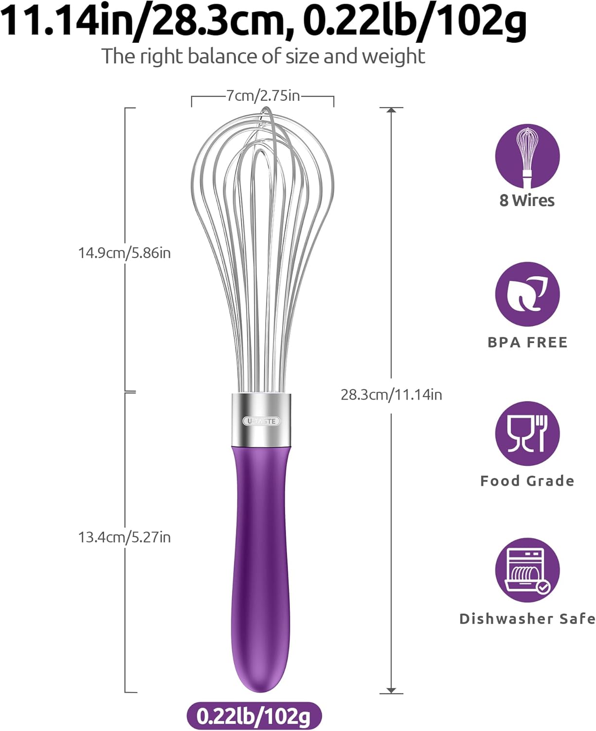 U-Taste Balloon Whisk for Cooking: 18/10 Stainless Steel Kitchen Wire Whisk, Medium Heavy Duty Egg Beater, Manual Baking Mixing Tool with 8 High Flex Wires for Stirring, Blending Sauce (Purple)