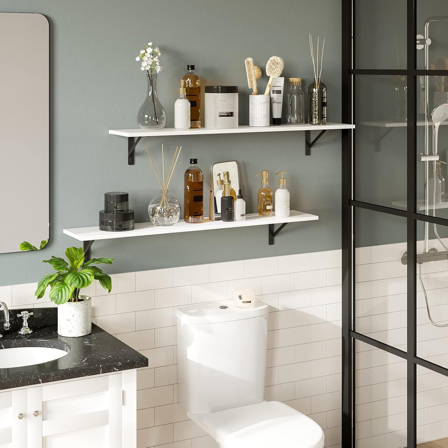 DINZI LVJ Long Wall Shelves, 39.4Inch Wall Mounted Shelves Set of 2, Easy-to-Install, Wall Storage Ledges with Sturdy Metal Brackets for Living Room, Bathroom, Bedroom, Kitchen, White