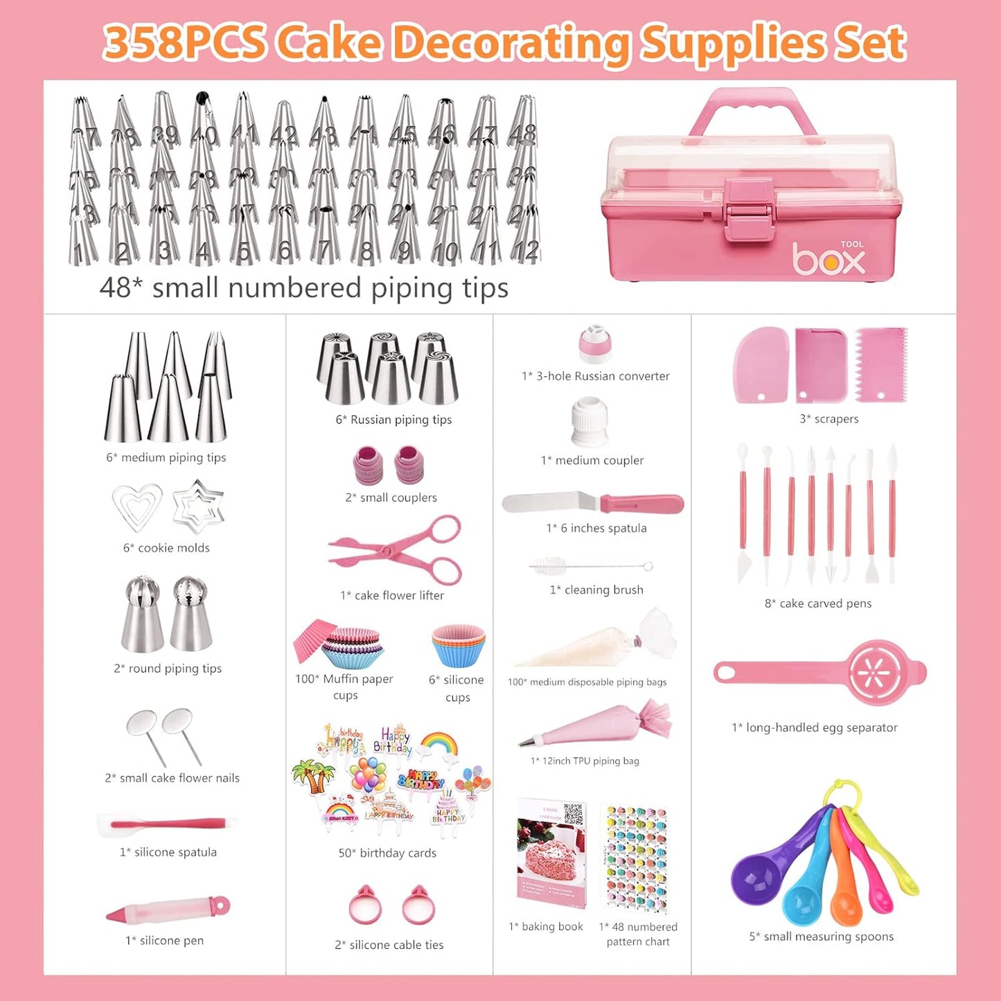 Cake Decorating Supplies Tools Kit: 358pcs Baking Accessories with Storage Case - Piping Bags and Icing Tips Set - Cupcake Cookie Frosting Fondant Bakery Set for Adults Beginners or Professional, Pink