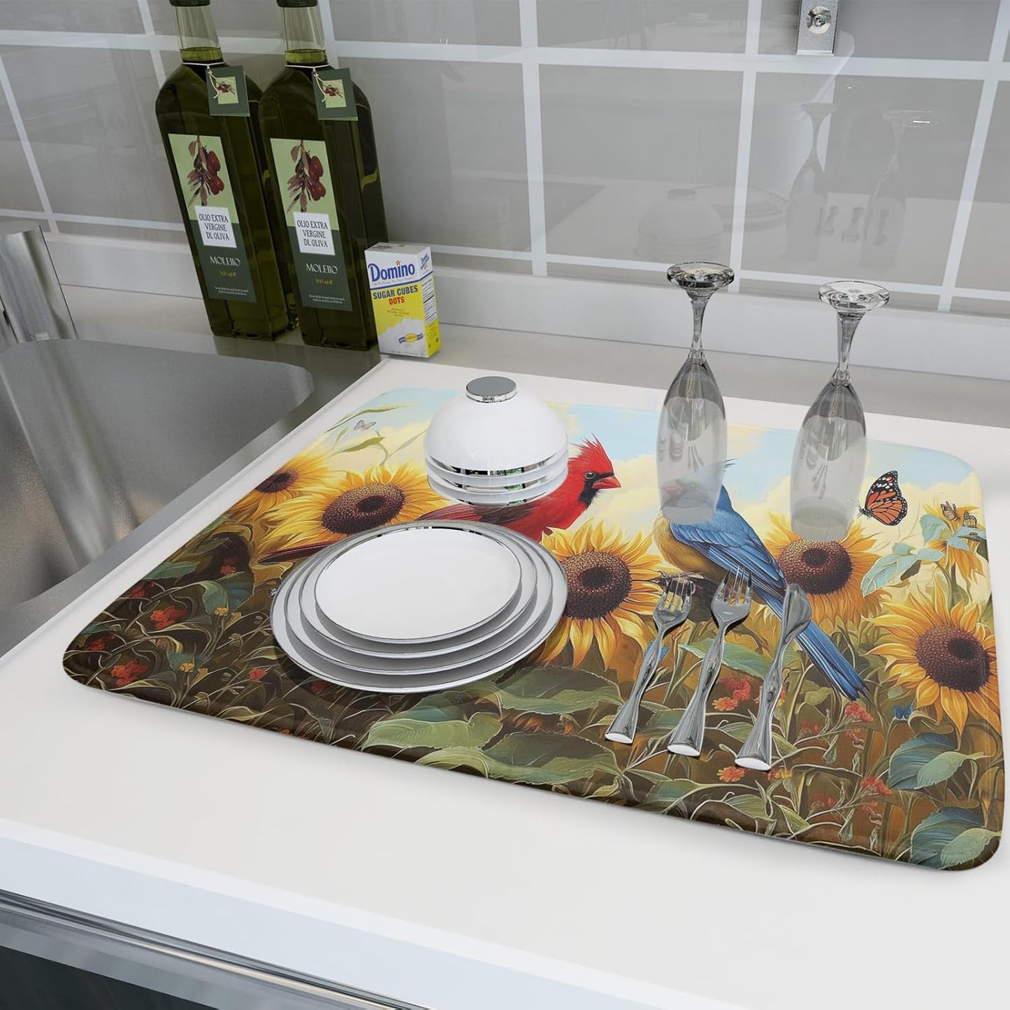Giwawa Sunflower Birds Dish Drying Mat, Spring Summer Yellow Floral Butterflies Reversible Dish Drainer Mats Drying Pad for Kitchen Countertop Farmhouse Decor, 18x24inches, Large