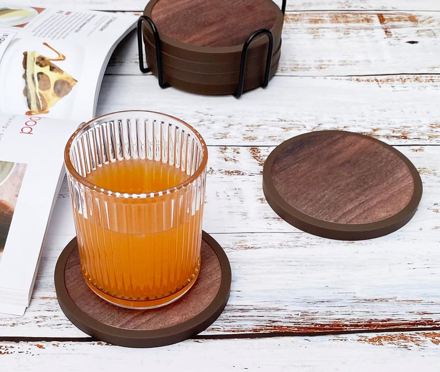 Absorbent Coasters for Drinks with Holder - 6packs, Silicone Coaster with Soft Felt Insert (4.3 inch Coasters with 4.5 inch Holder, Wooden Style)