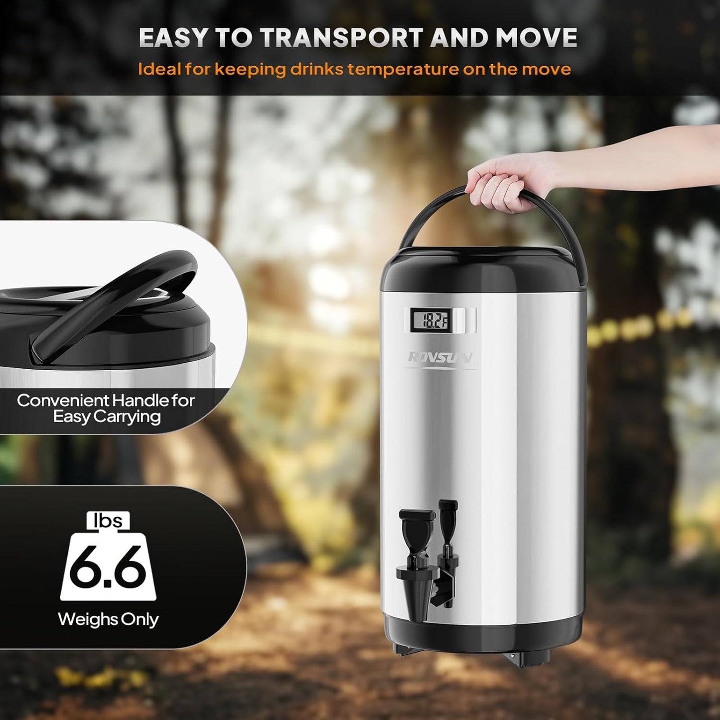 ROVSUN 3.2 Gallon Insulated Beverage Dispenser, Stainless Steel Hot and Cold Drink Dispenser, Ice and Hot Drink Server w/Spigot, Hot and Cold Beverage Server for Coffee, Tea, Milk & Juice