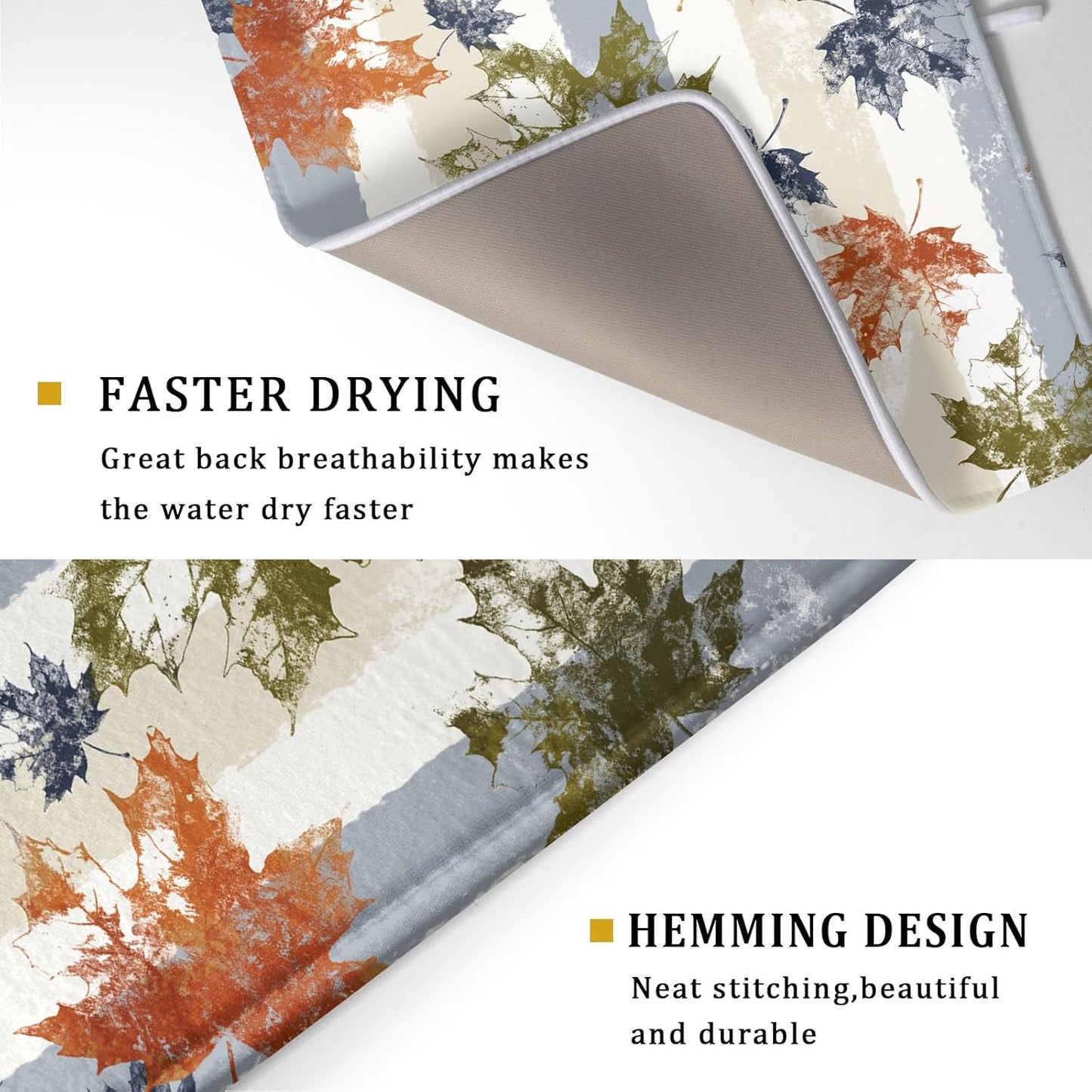 Autumn Colorful Maple Leaves Dish Drying Mat for Kitchen Counter,Blue and White Stripe Drying Mat 18 x 24 Inch with Absorbent Reversible Microfiber Dish Drying Pad Dish Rack Drainer Mat for Coffee Bar