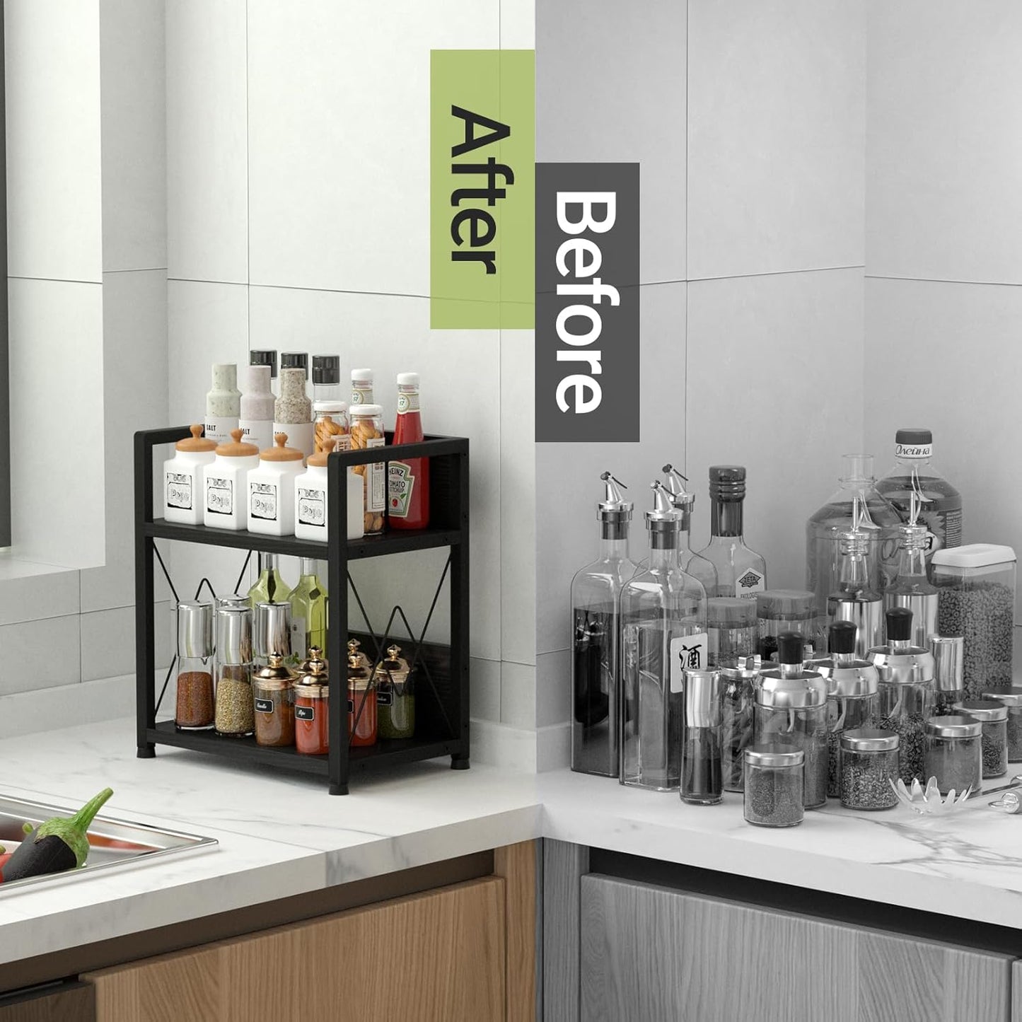 Aduanbang Coffee Bar Accessories Organizer, Seasoning Organizer, 2 Tier Wooden Kitchen Counter Shelf, Coffee Organizer Station for Countertop, Coffee Condiment Rack for Mugs, Cups, Cream, Syrup