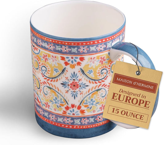 Maison d' Hermine Coffee Mug with Handles Fine Bone China Mugs Pack of One Tea Cups for Hot Beverages Cappuccino Latte Home Restaurant Office Perfect for Gift (Indian Floral - Butta, 15 Ounce)