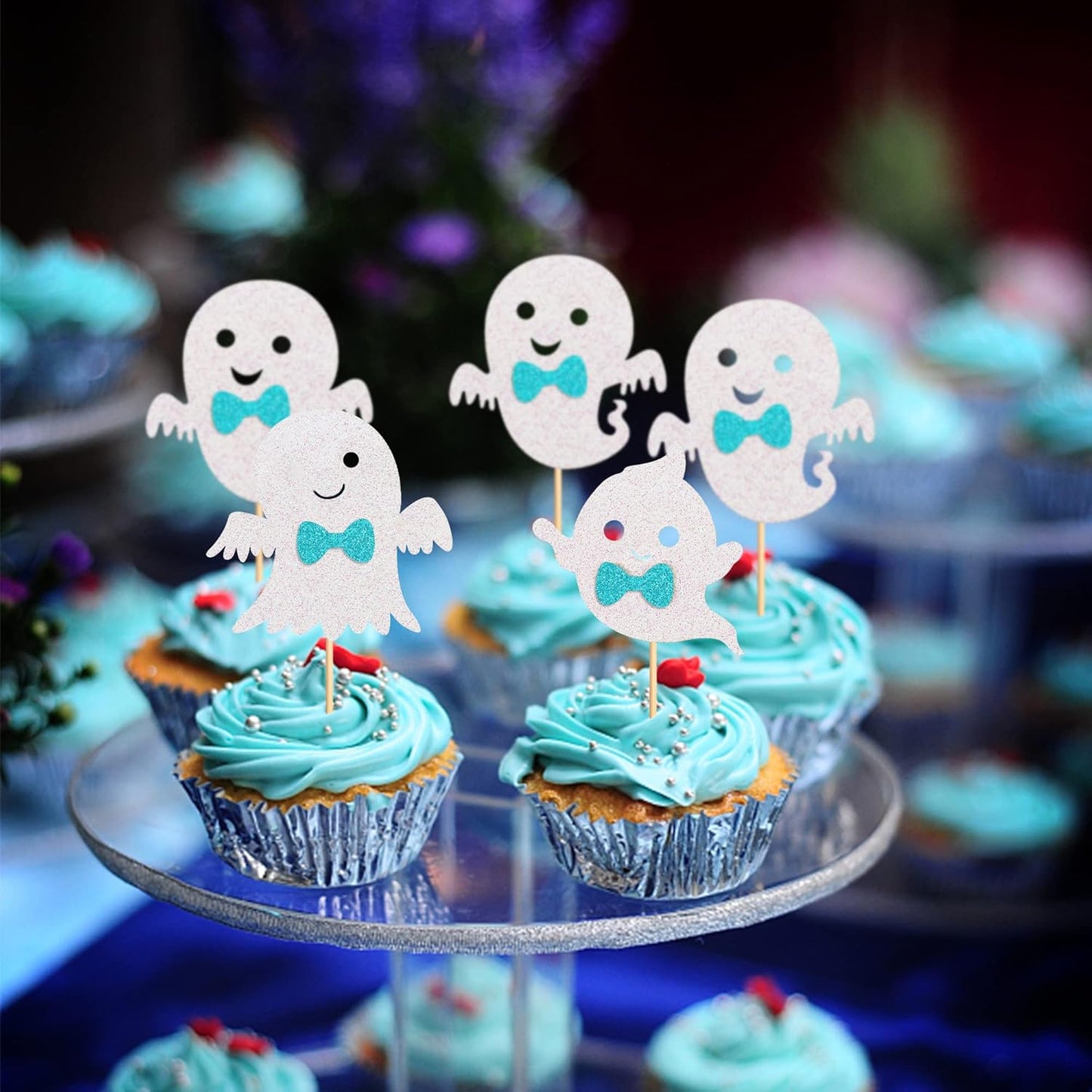 24Pcs Ghost Cupcake Toppers - Bule Halloween, Bule and White Halloween Birthday Decorations, Bule Halloween Baby Shower Decor, Ghost Decorations, Halloween Gender Reveal Decorations
