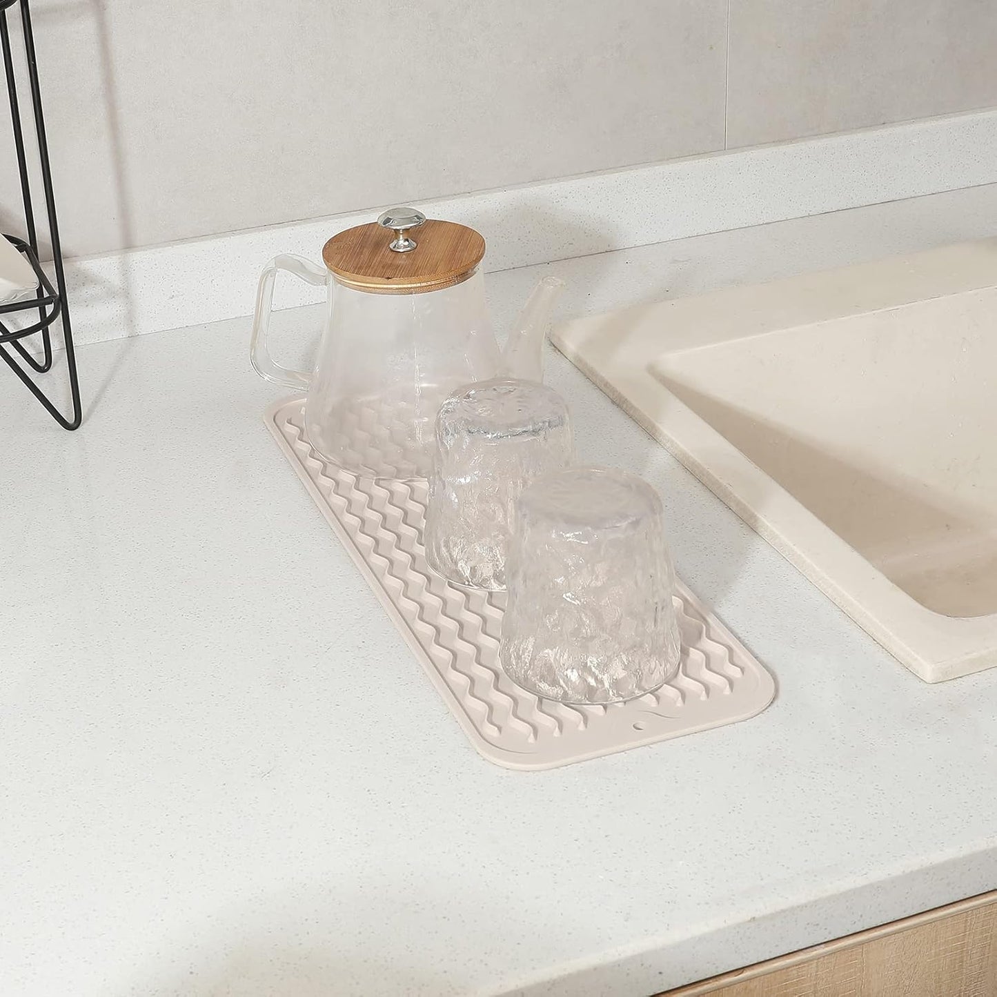 Silicone Dish Drying Mat for Multiple Usage,Easy clean,Eco-friendly,Heat-resistant Silicone Mat for Kitchen Counter,Sink,Bar,Bottle,or Cup Tapioca M 17 inches x 6 inches