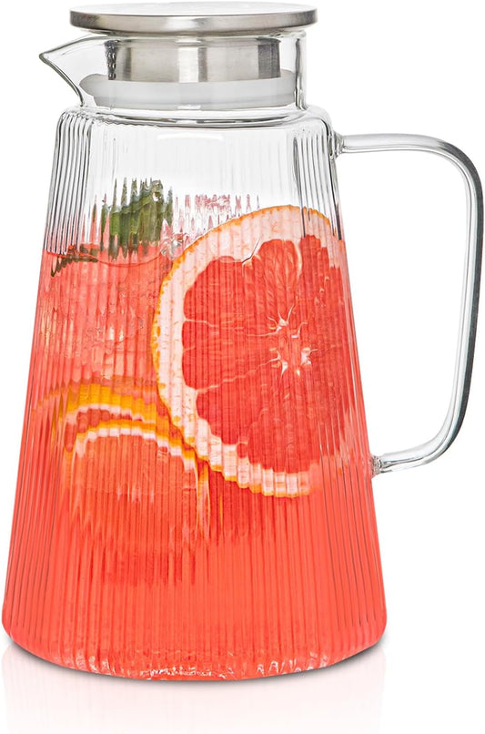 71oz Glass Pitcher with Lid, Ribbed Beverage Carafe for Hot & Cold Drinks, Water Jug with Handle for Juice, Tea, Milk, Iced Coffee – Heat Resistant Glass Serveware (1)