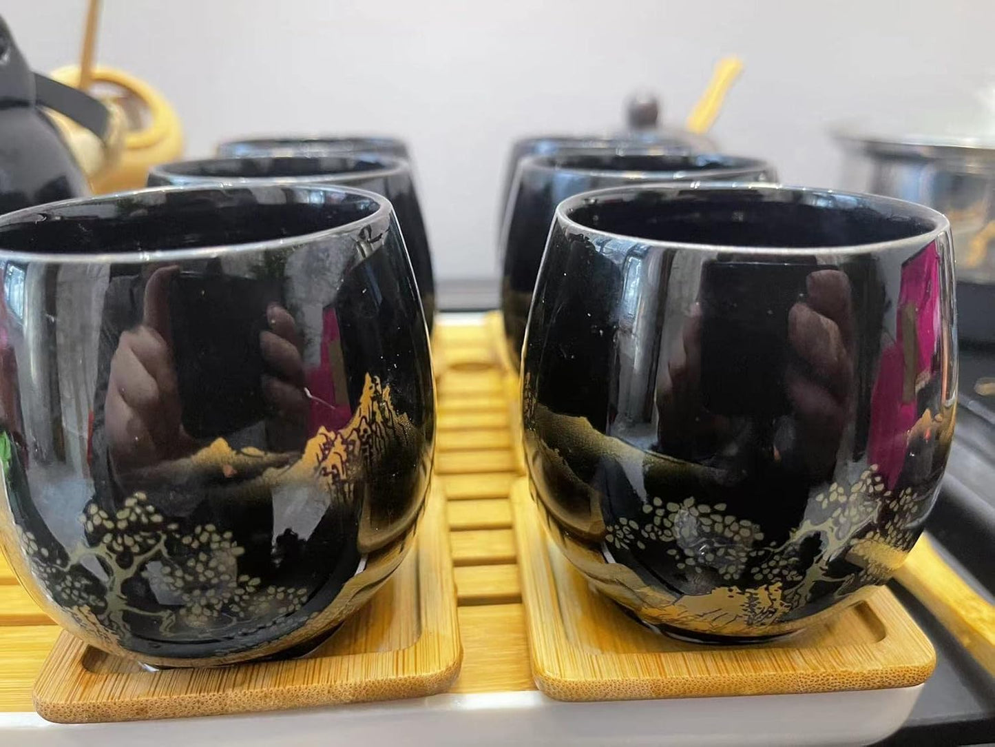 Japanese Tea Set, Black Glazed Tea Set in Gift Box With 1 Teapot, 1 Tea Strainer, 1 Tea Tray and 6 Tea Cups. Ideal Tea Set for Office Home, Asian Tea Sets for Tea Lovers(Landscape Black and Black Cup)