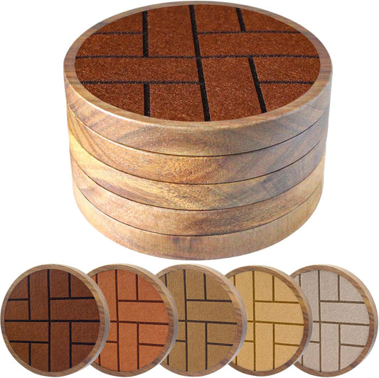 Coasters for Drinks Absorbent 5 Pack, Wood & Felt, Non-Slip, Non-Stick, Brown, Round, 4.3 Inch