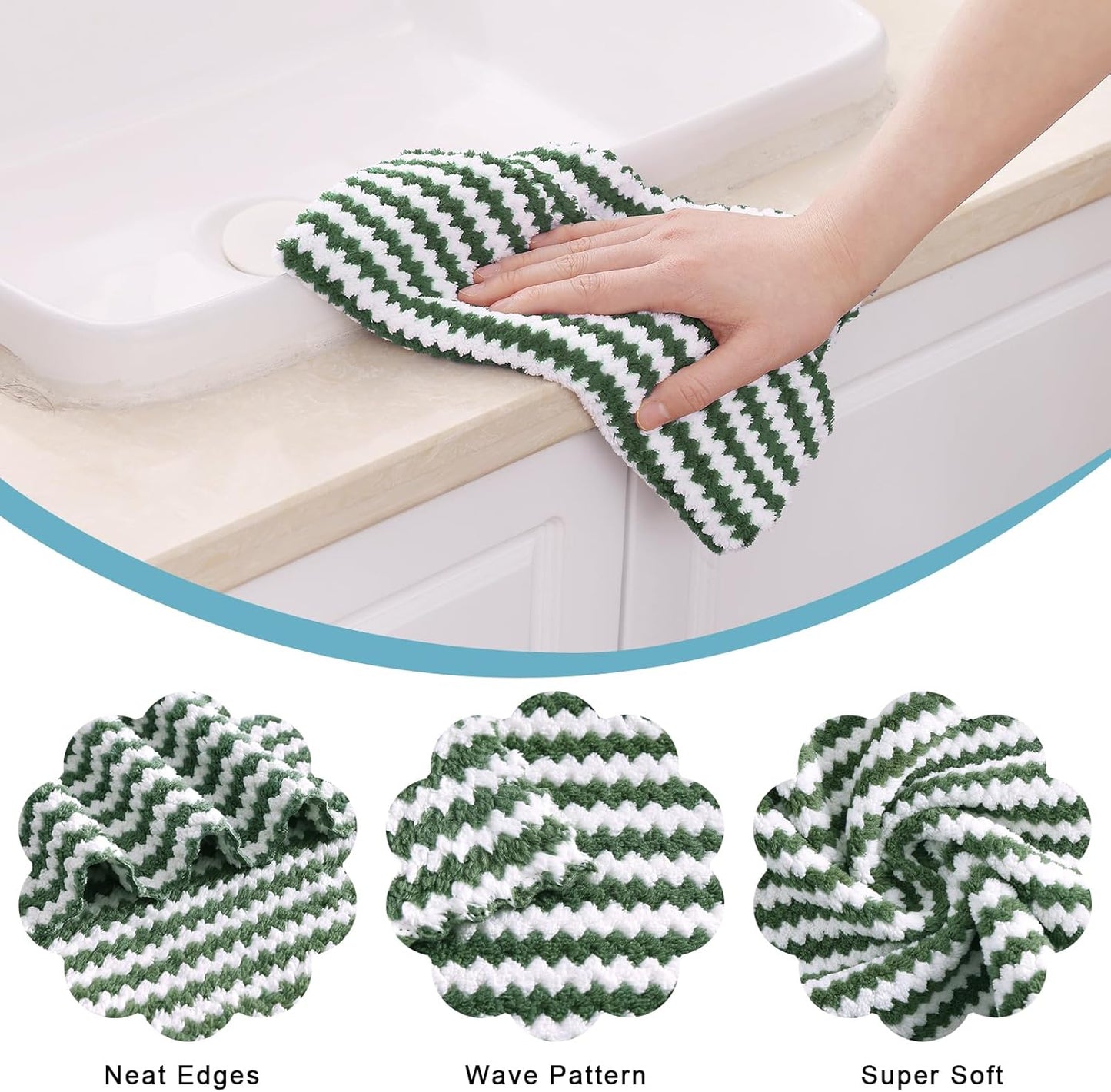 Homaxy Kitchen Towels(24 Pack, 10 x 20 inches), Ultra Soft and Absorbent Dish Towels, Reusable Fast Drying Microfiber Cleaning Cloth, Coral Velvet Wave Design No-lint, Grass Green