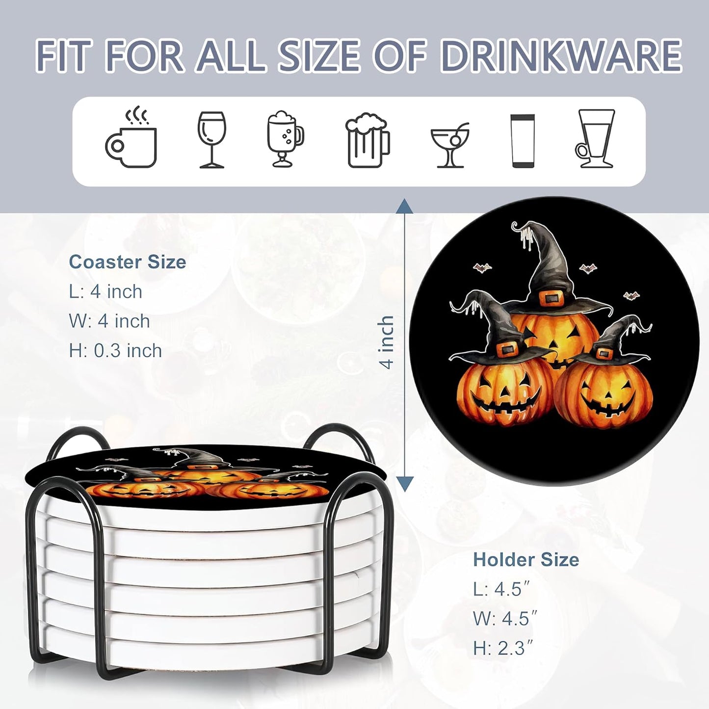 Coaster for Drinks Set of 6, Halloween Skeleton Skull Pumpkin Absorbing Round Ceramic Stone Coaster with Cork Base,Tabletop Protection Mat for Mugs and Cups,Coffee Table Wine Glass Home Bar 4 Inch