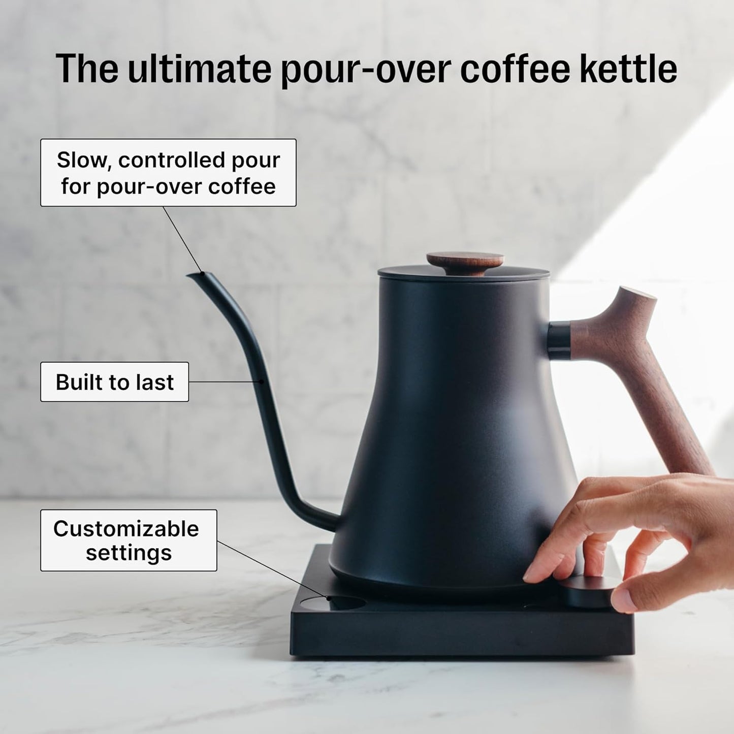Fellow Stagg EKG Pro Electric Gooseneck Kettle - Pour-Over Coffee and Tea, Quick Heating, Precise Temperature Control, Scheduling, Built-in Brew Timer, Matte Black with Walnut Wood Handle, 0.9 Liter