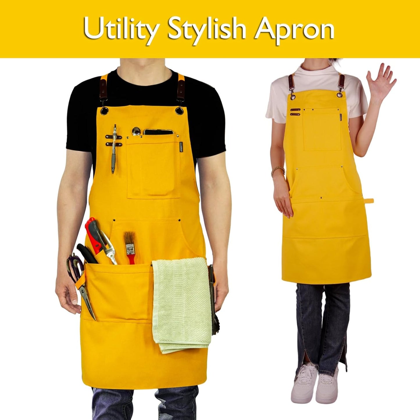 Kitchen Apron, Work Apron, Canvas, Multiple Pockets, Gardening, Painting, BBQ, Artist, Carpenter, Sizes M to XXL, Yellow