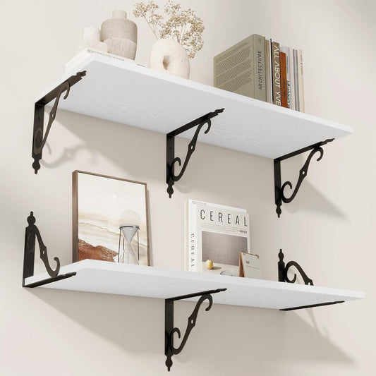 RICHFOCUS 12 Inch Deep Floating Shelves for Wall, 31.5" W x 12" D Wood Wall Shelves Set of 2, Wide Floating Shelves for Living Room, Bedroom, Kitchen, Bathroom and Decor Storage, White