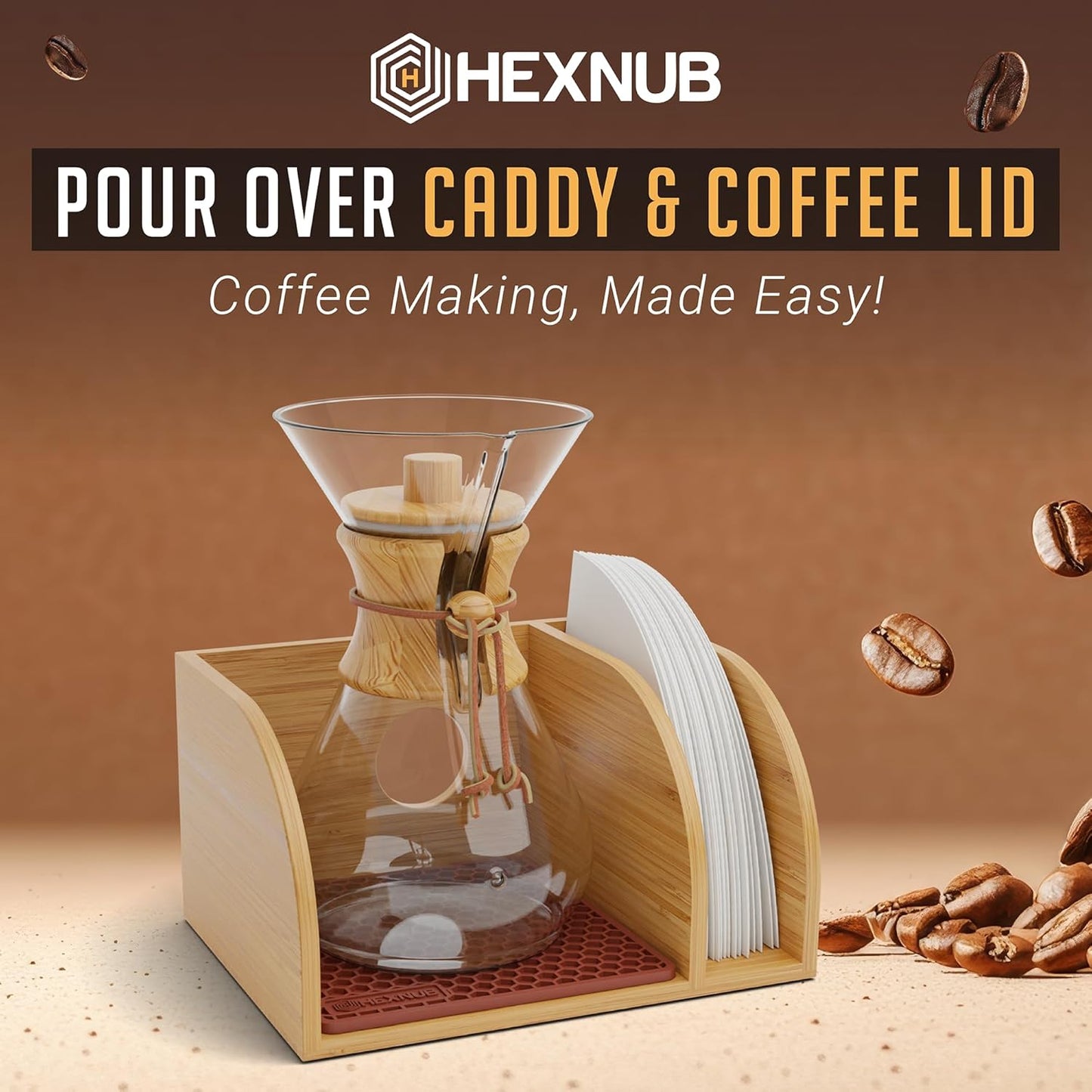 HEXNUB Caddy and Lid for Pour Over Coffee Maker, Bamboo Stand fits Chemex, Bodum, Cosori Carafes, Heatproof Mat, Filter Holder for Drip Coffee Maker - Brown Mat