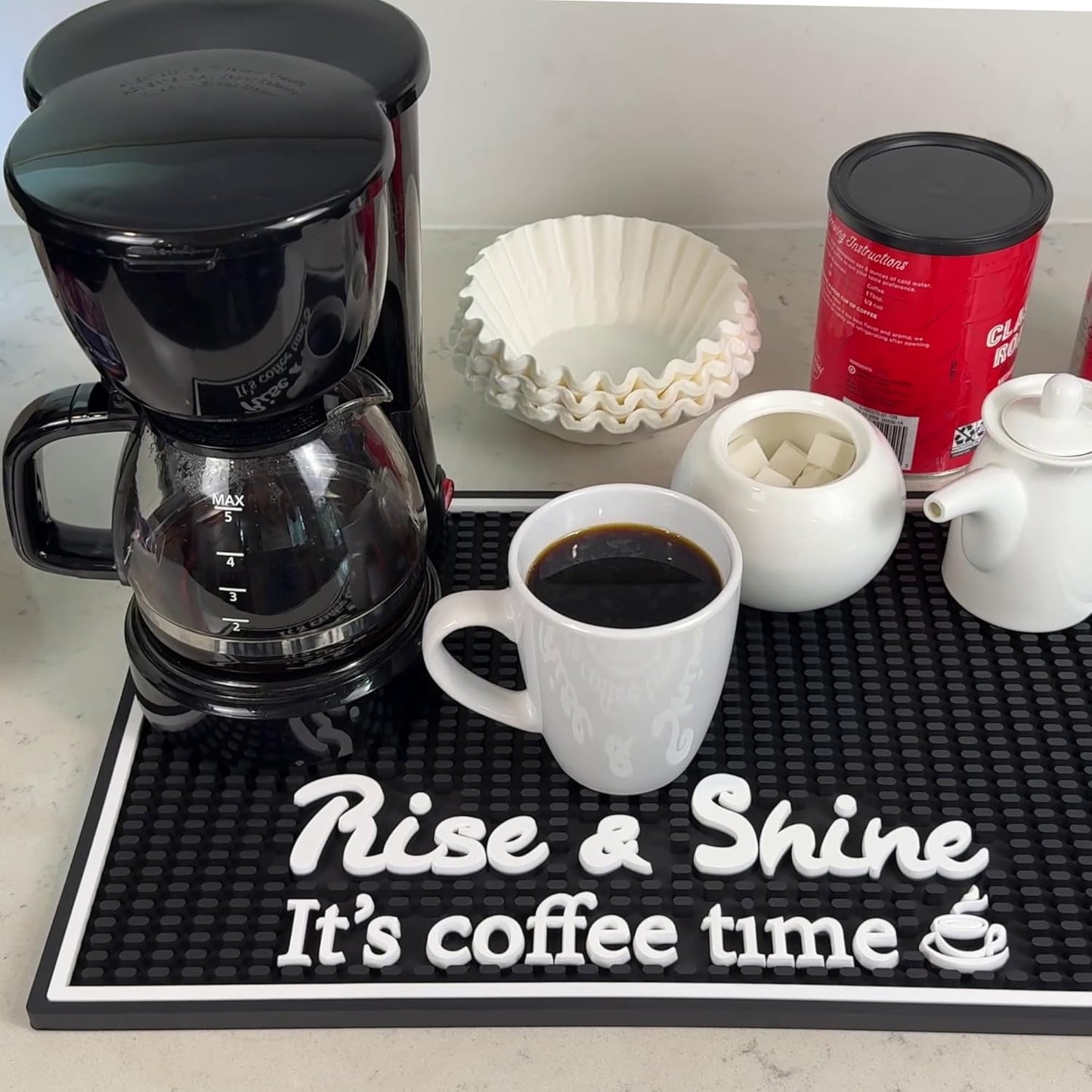 Coffee Bar Mats for Countertop Rise and Shine It's Coffee Time Sign 18x12 in Espresso Machine Mat Compatible, Premium Silicone Mat for Countertop for Tiki Bar Decor and Tiki Decorations