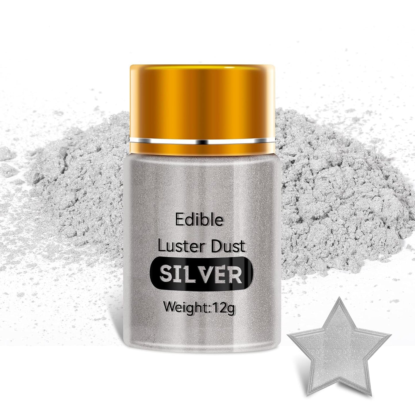 PAVADOR Edible Luster Dust,Silver Luster Dust 12g Food Grade Metallic Shimmer,Edible Glitter for Desserts Cake Decorating, Baking, Fondant, Chocolate, Candy, Drinks, Cookies, Vegan