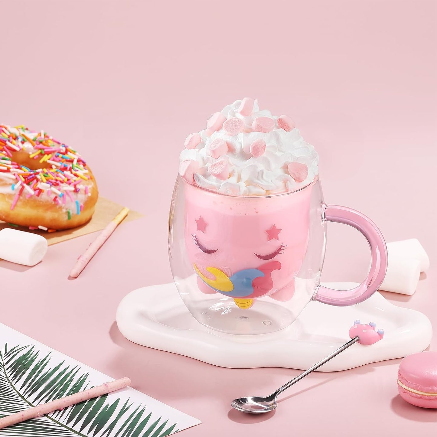 ecooe Cute Unicorn Mug Double Walled Glass Mug 9.4oz Coffee Cup Cappuccino Latte Glass Milk Tea Cup with Handle Spoon, Birthday Christmas Valentine's Day for Women Wife Mum Kids Friends Teachers