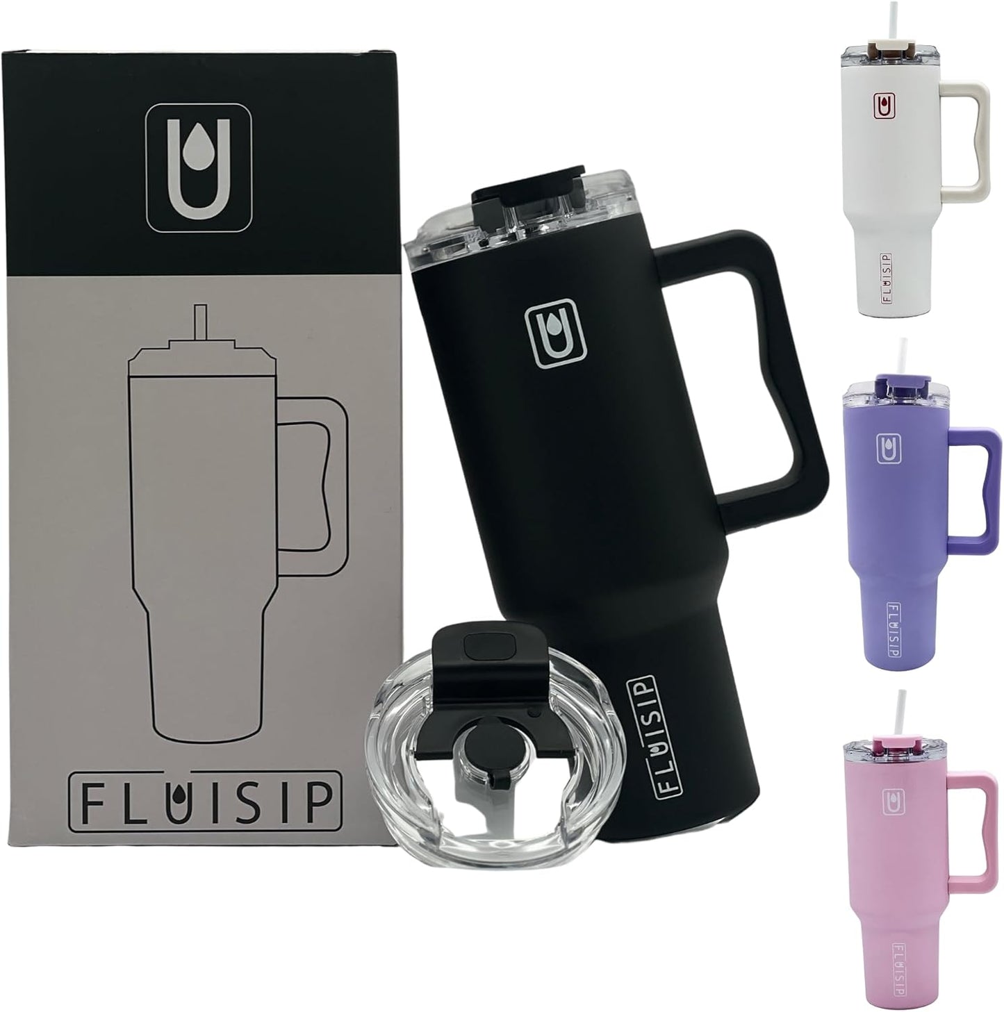 40 oz Insulated Tumbler with Handle, Stainless Steel, Leakproof Lid and Straw, Cup Holder Friendly (Black)