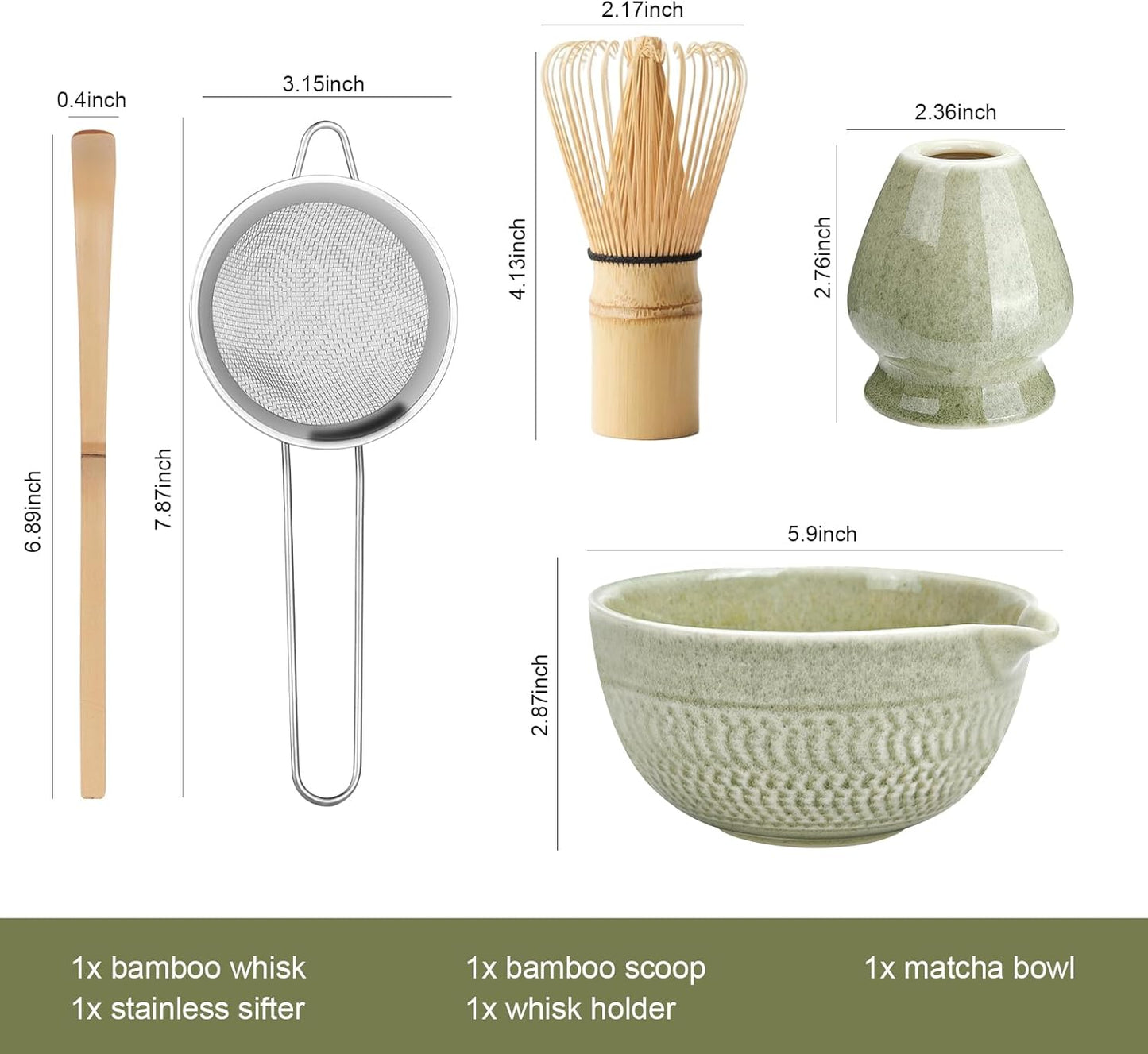 Matcha Whisk Set, Ceramic Matcha Set, Matcha Bowl with Spout, Matcha Whisk & Holder, Sifter and Bamboo Scoop, 5 Pcs Matcha Kit, Matcha Tea Ceremony Gifts for Matcha Lovers & Starter (Matcha Green)