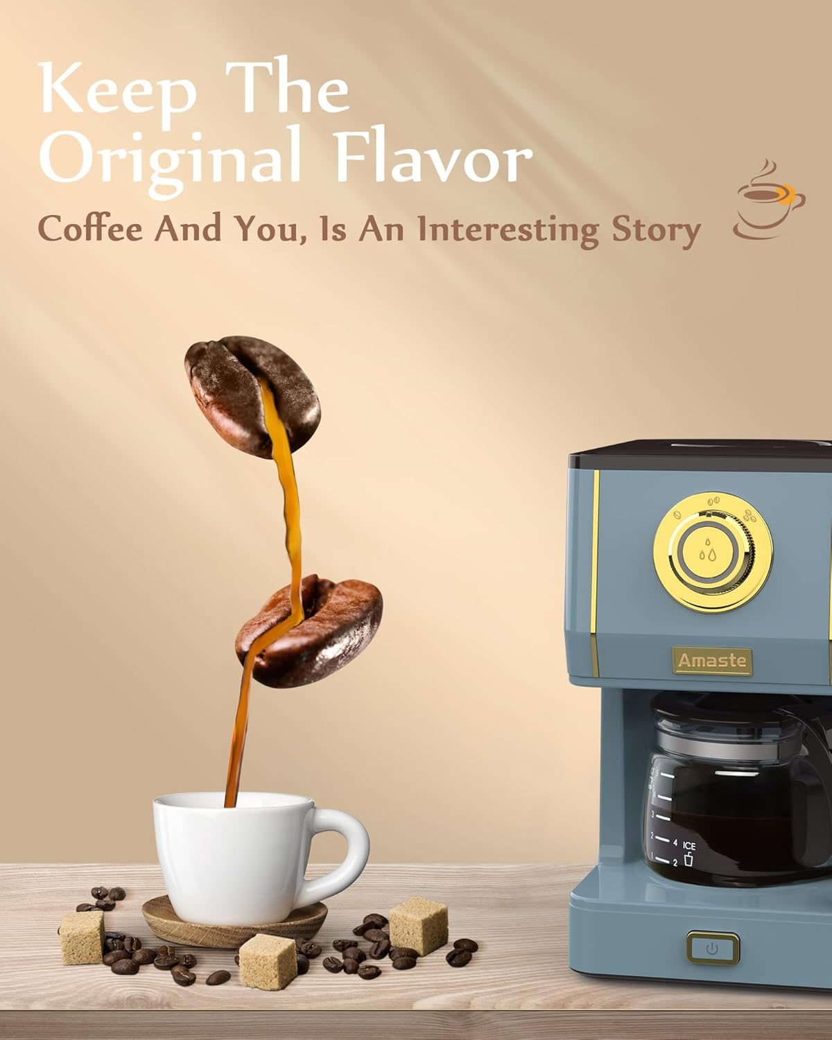 Amaste Coffee Maker, 5 Cup Coffee Pot with Three Brewing Modes, Retro Coffee Maker with Glass Carafe & Reusable Coffee Filter, Drip Coffee Maker Ideal for Home or Office, Keep Warm, Ash Blue