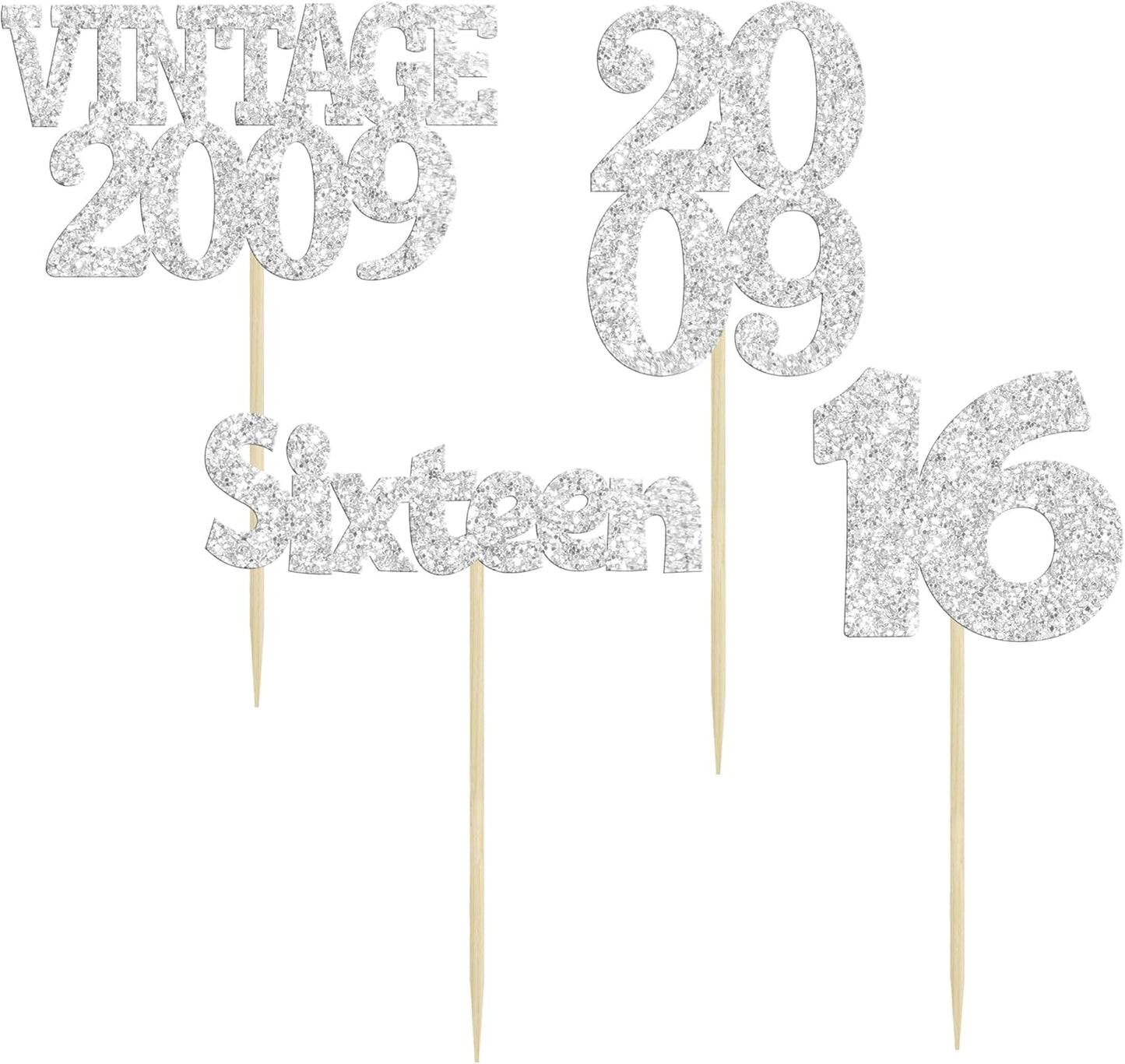Gyufise 24Pcs 16th Birthday Cupcake Toppers Glitter Sixteen Vintage 2009 Hello 16 Years Birthday Cupcake Picks Sweet 16 Cake Decorations for Happy 16th Birthday Anniversary Party Supplies Silver