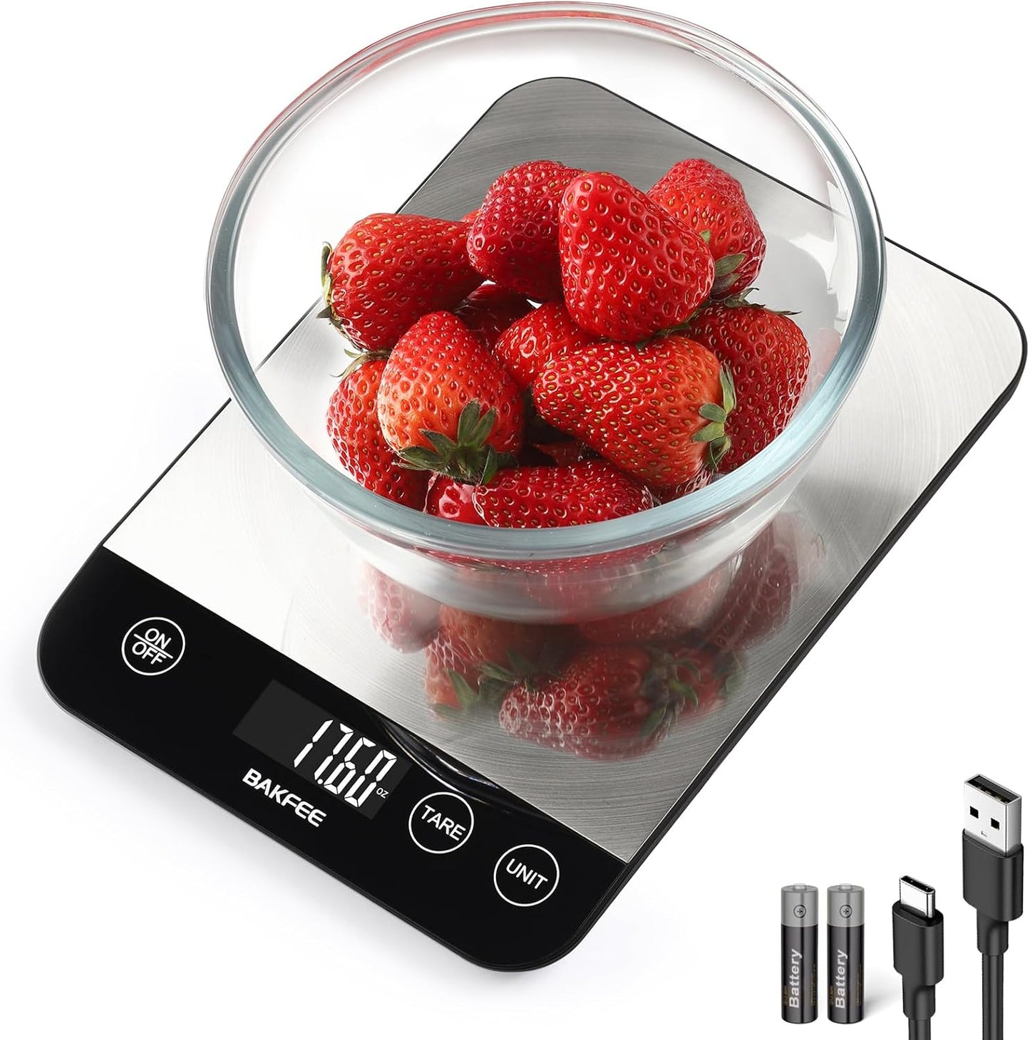 33lb Digital Kitchen Scale, Food Scale Rechargeable with Stainless Steel, Grams and Ounces, USB Charging, 1g High Accuracy for Baking, Cooking, Food BK806