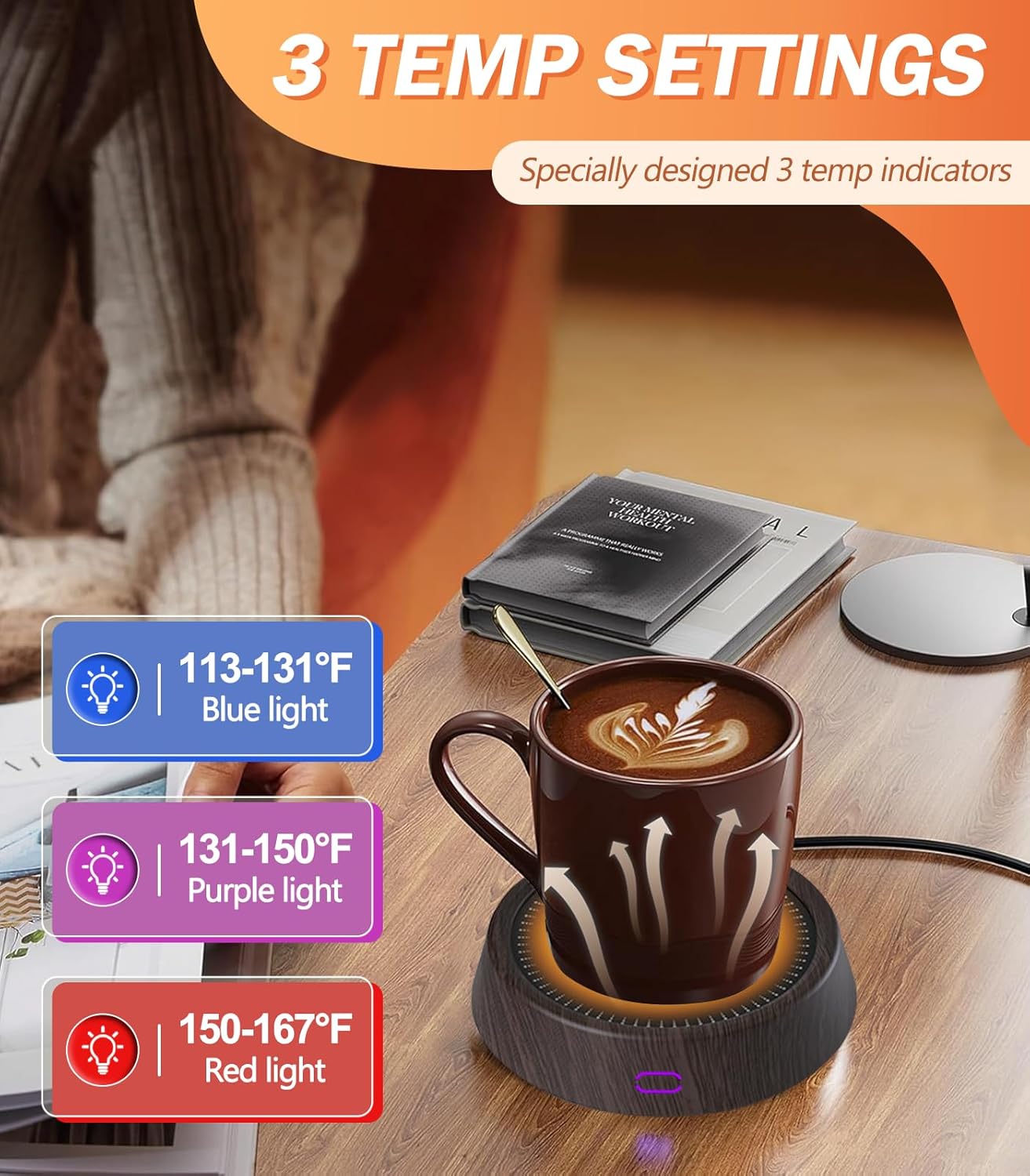 Mug Warmer - 25W Coffee Warmer for Desk Auto Shut Off, 3-Level Temp with Indicator Lights, Smart Candle Warmer Plate, Cup Warmer Heated Coaster for Coffee, Milk, Tea, Safely Use for Office/Home