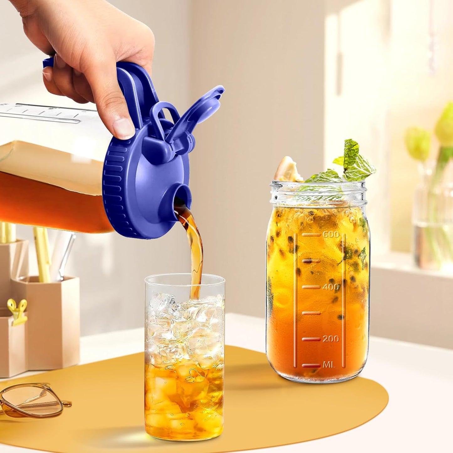 Mason Jar Pitcher, 64 OZ Glass Pitcher with Lid Double Leak-proof with Handle Water Jug Wide Mouth Breast Milk Pitcher Fridge Container for Water, Juice, Iced Coffee, Tea, Juice - Blue