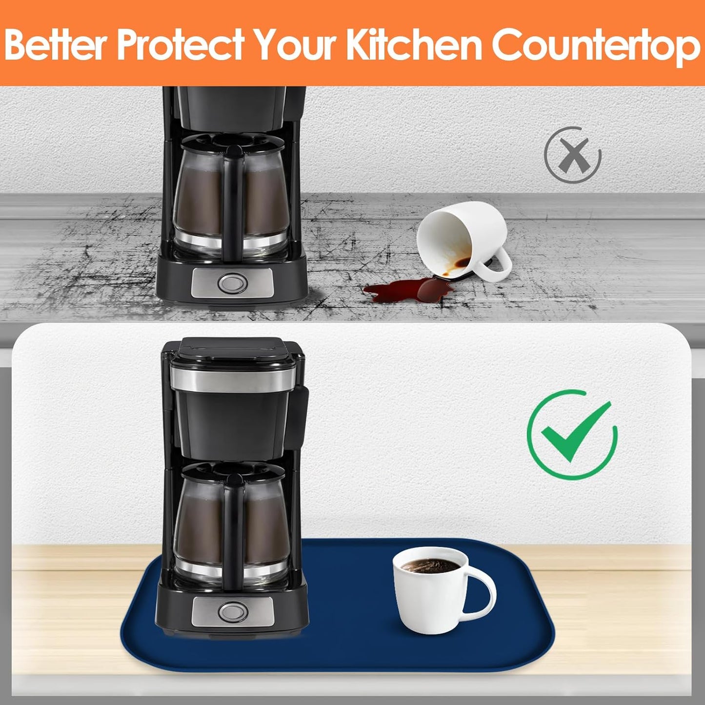 Silicone Coffee Maker Mat with Lip, 24'' x 16'' Heavy Duty Coffee Maker Mat for Countertops, Coffee Tray Fit Under Coffee Machine Appliance Automatic Machines Espresso Accessory, Navy Blue