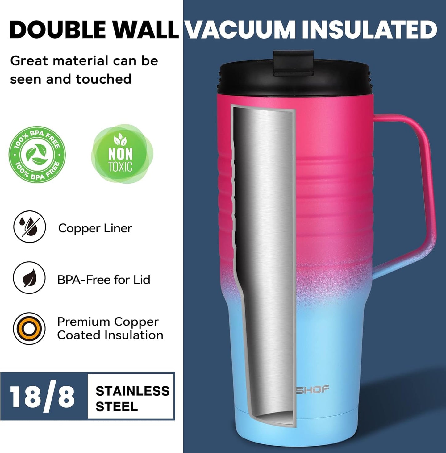 HAUSHOF 24 oz Travel Mug with Handle, Stainless Steel Vacuum Insulated Coffee Travel Mug, Double Wall Travel Mugs with Leakproof Lid, BPA Free