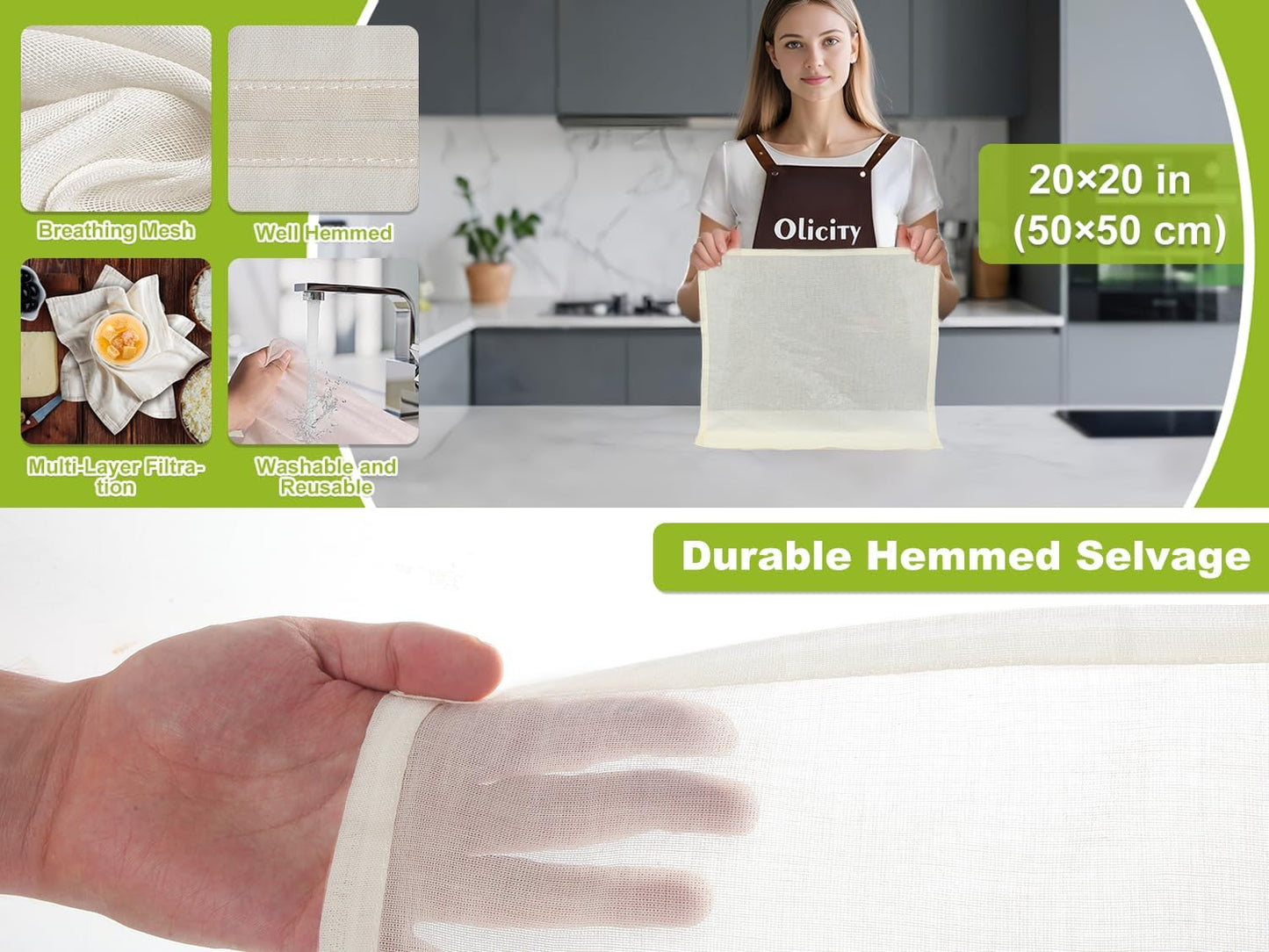 Olicity Cheese Cloths, 4PCS, Double-Layer, 20x20Inch, Reusable Grade 90 Cheese Cloth Bag for Straining, Hemmed Unbleached Cotton Precut Fine Mesh Muslin Cheesecloth for Brew, Jelly, Yogurt