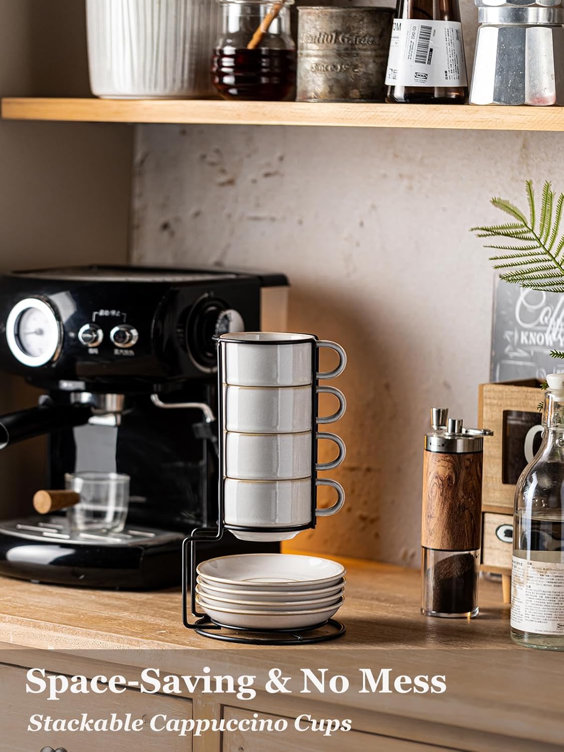 Gomakren 6 Ounce Cappuccino Cups with Saucers and Metal Stand, Stackable Coffee Cup Set of 4, Porcelain Espresso Cups for Coffee Drinks, Cappuccino, Latte, Americano, Tea, White