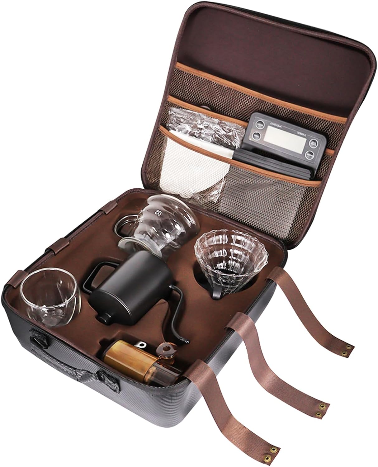 SOTECH Pour Over Coffee Maker Set, Coffee Kettle Scale, Pour Over Coffee Dripper, Bean Grinder, Glass Server, Drip Cup, Filter Paper, All in 1, Traveling Camping Hiking