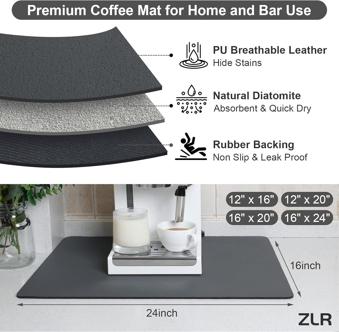 ZLR Coffee Mat - 16" x 24" Extra Large Kitchen Hide Stain Absorbent Dish Drying Mat for Countertop - Easy to Clean Coffee Bar Mat for Espresso Machine and Spill Protection - Dark Gray