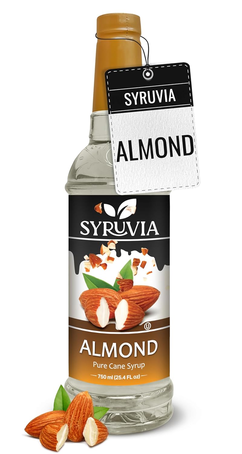 Syruvia Almond Coffee Syrup - 25.4 fl oz - Kosher Syrups, Gluten Free, No Coloring, Perfect for Drinks, Soda, Shakes, Desserts, and More.