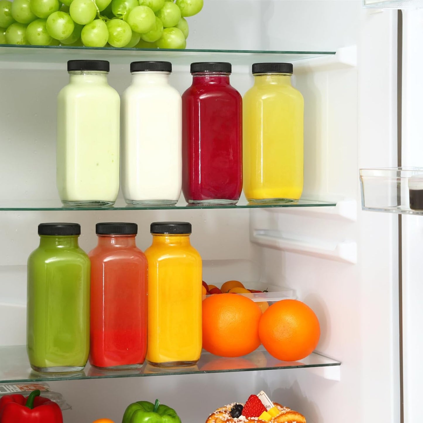 CUCUMI 24pcs 16oz Glass Juice Bottles with Lids, Reusable Vintage Glass Drinking Bottles with Blank Labels, Brush, Straws, Funnel for Storing Tea, Kombucha, Milk